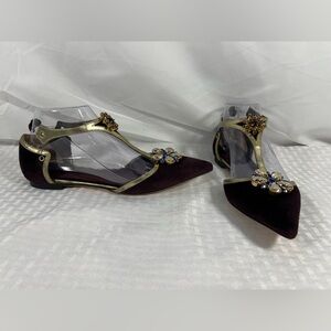 Dolce & Gabbana Embellished Velvet T-Strap Flats Burgundy Gold 37